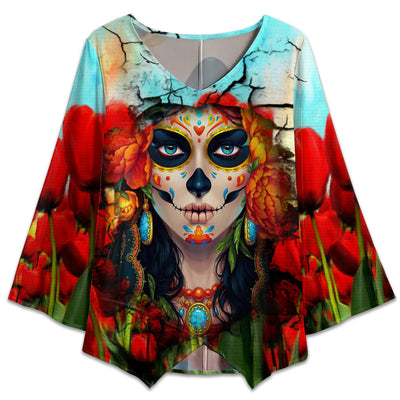 S Sugar Skull Love Flower Style - V-neck T-shirt - Owls Matrix LTD