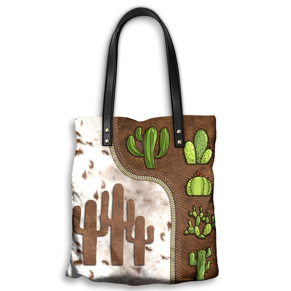 M ( "12.2 x 13.4" ) Cactus In Desert With Blossom - Leather Hand Bag - Owls Matrix LTD