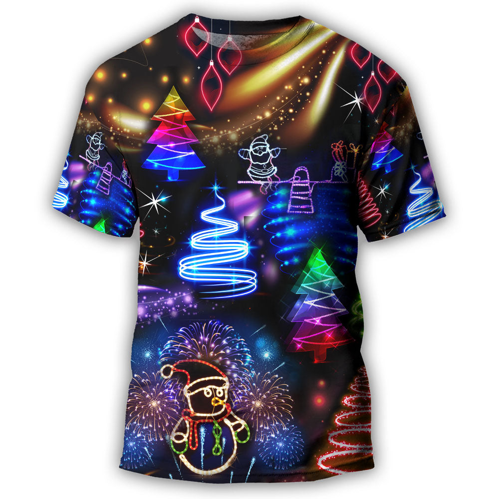 Christmas Neon Art Santa And Snowman - Round Neck T-shirt - Owls Matrix LTD