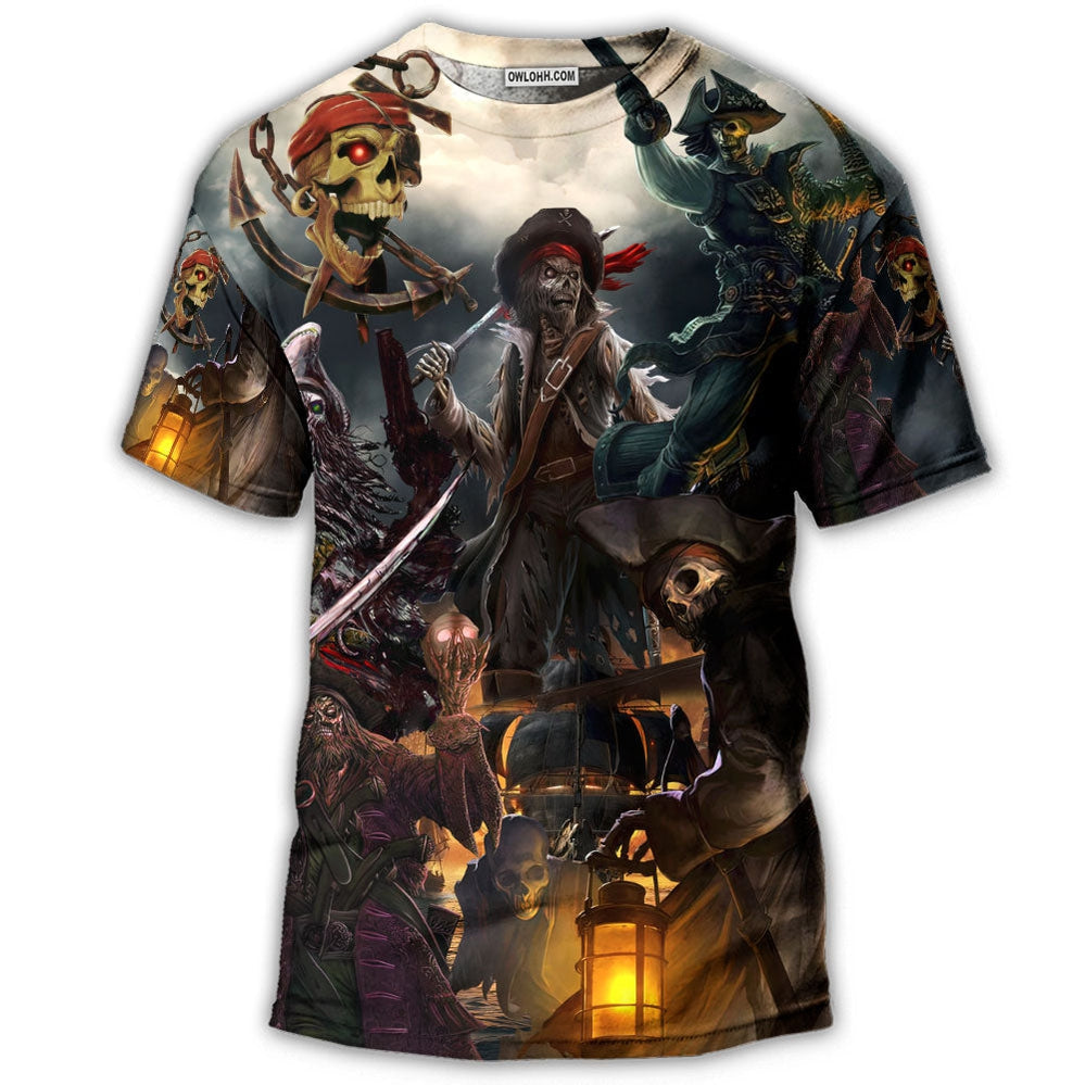 S Skull Fantasy Ghost Caribbean Pirate - Round Neck T-shirt - Owls Matrix LTD