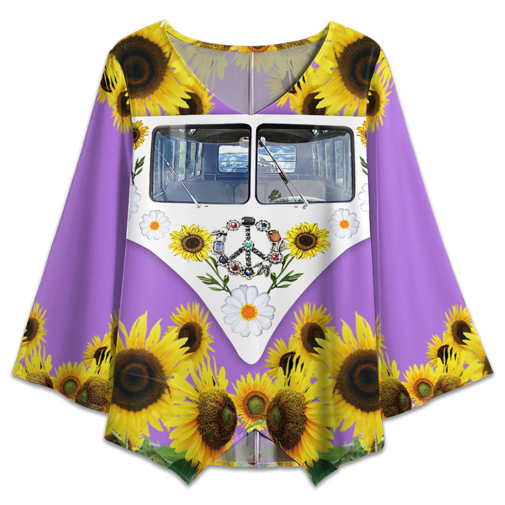 S Hippie Peace Purple Bus With Sunflowers - V-neck T-shirt - Owls Matrix LTD