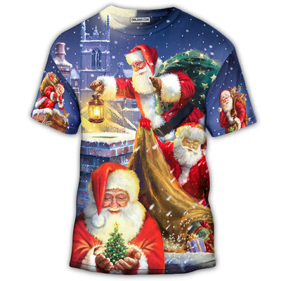 S Christmas Funny Santa Claus Up On Rooftop Art Style - Round Neck T-shirt - Owls Matrix LTD