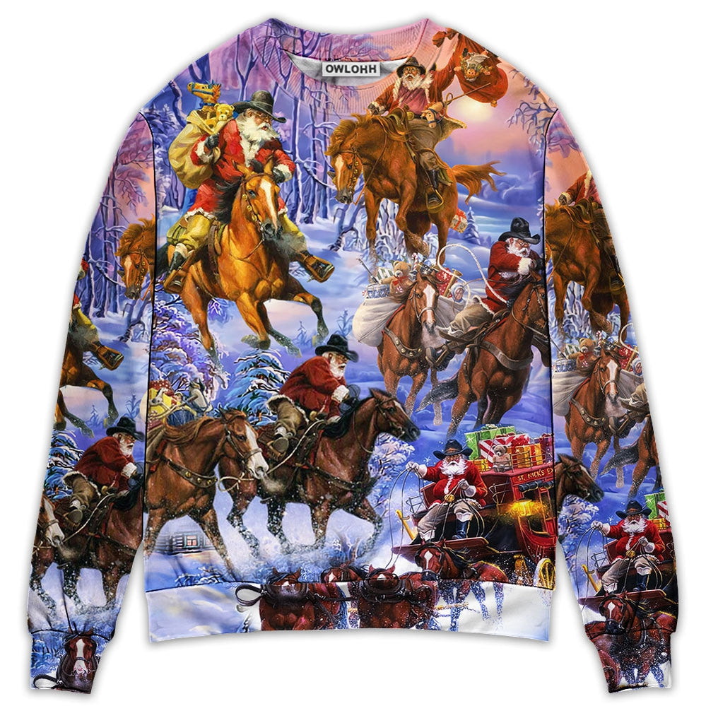 Sweater / S Christmas Santa And Horse Ho Ho Ho Everywhere Merry Xmas - Sweater - Ugly Christmas Sweaters - Owls Matrix LTD
