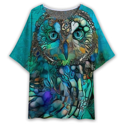 S Owl Glass Art Style - Women's T-shirt With Bat Sleeve - Owls Matrix LTD