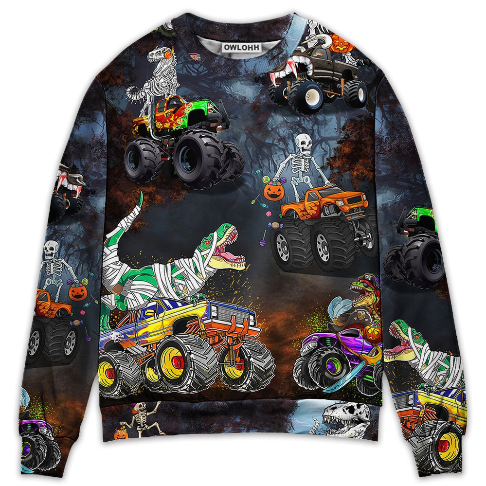 Sweater / S Halloween Skeleton Dinosaur Driving Monster Truck - Sweater - Ugly Christmas Sweaters - Owls Matrix LTD