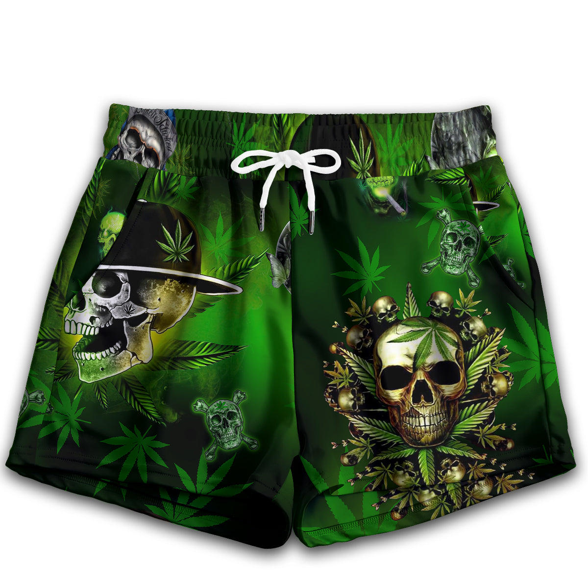 XS Skull Let's Get High Green - Women's Casual Shorts - Owls Matrix LTD