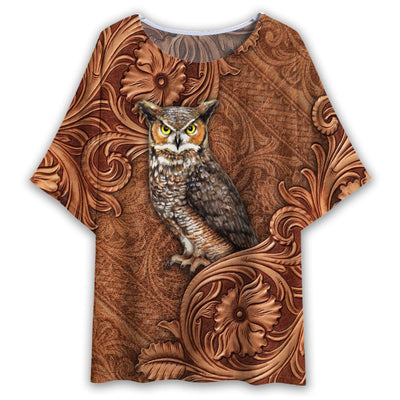 S Owl Leather Art Style - Women's T-shirt With Bat Sleeve - Owls Matrix LTD
