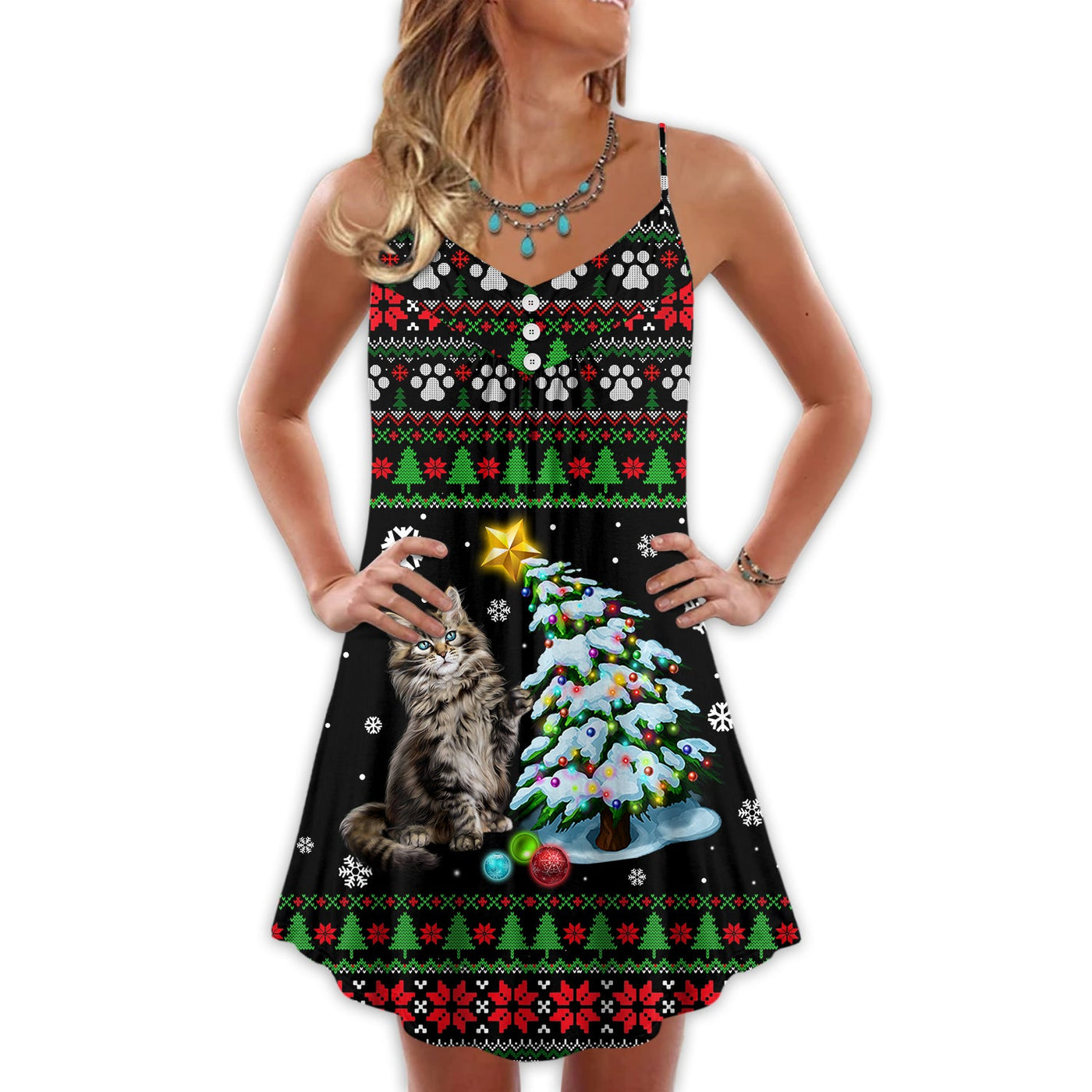 Christmas Cute Cat Wreck Tree Light Funny Ugly Style - V-neck Sleeveless Cami Dress - Owls Matrix LTD