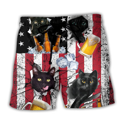 Beach Short / Adults / S Beer And Black Cat American Flag Vintage - Beach Short - Owls Matrix LTD