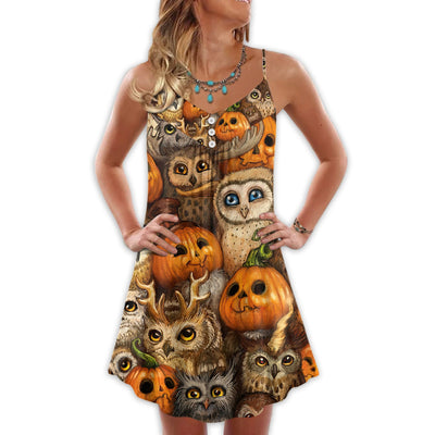 Halloween Owl Pumpkin Pattern - V-neck Sleeveless Cami Dress - Owls Matrix LTD