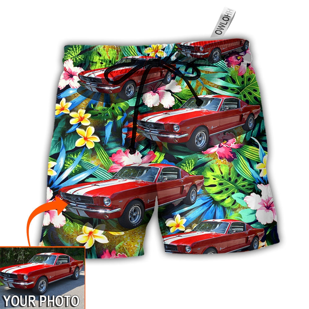 Beach Short / Adults / S Car Mustang Car Modern Classic Tropical Flower Custom Photo - Beach Short - Owls Matrix LTD