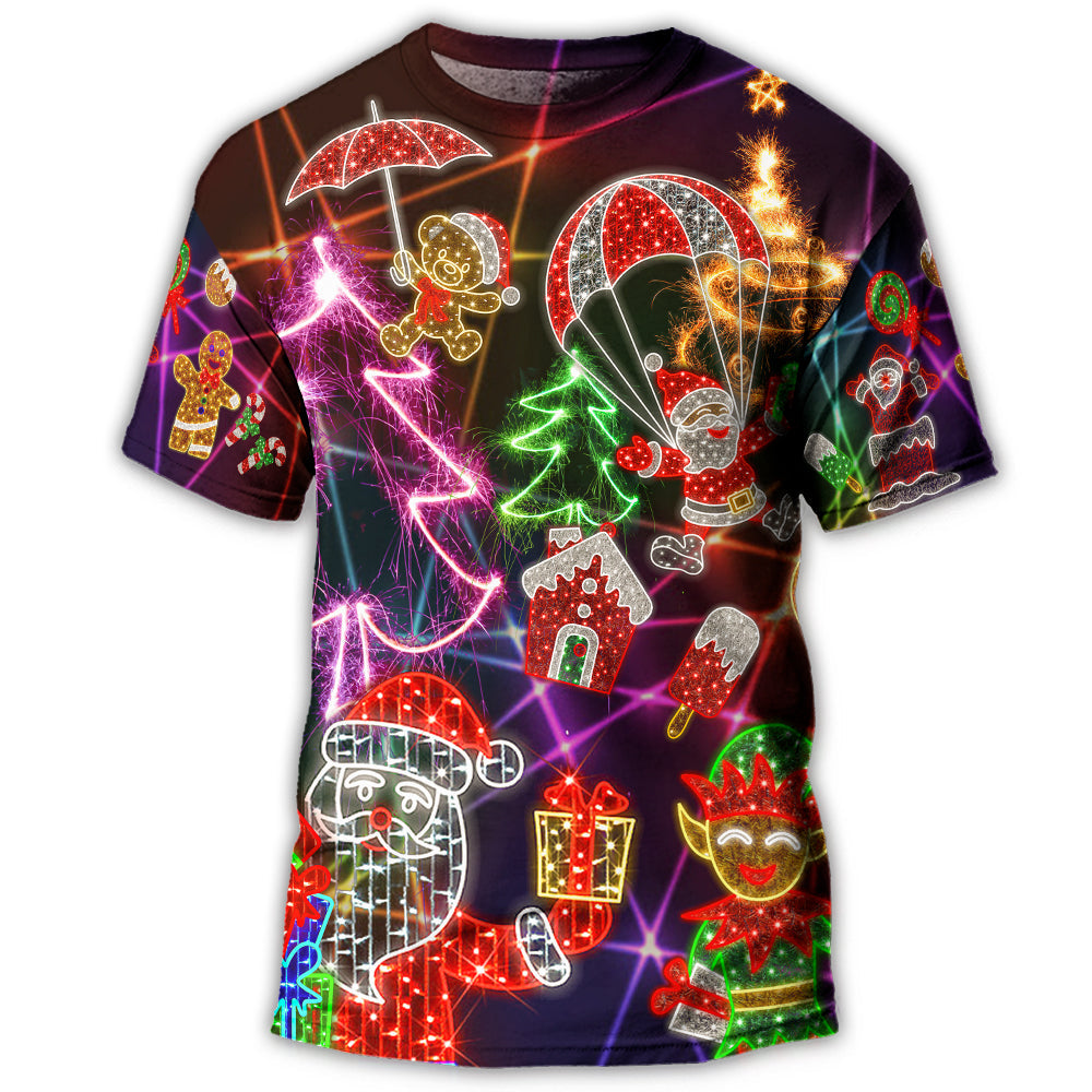 S Christmas Funny Santa Claus Tree Elf Gingerbread Neon Light Style - Round Neck T-shirt - Owls Matrix LTD