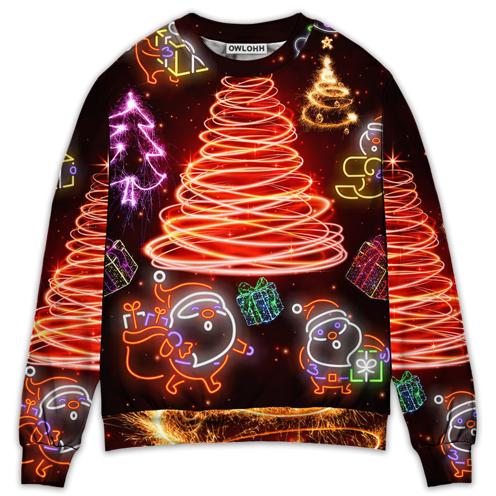 Sweater / S Christmas Funny Santa Claus Tree Red Neon Light Style - Sweater - Ugly Christmas Sweaters - Owls Matrix LTD
