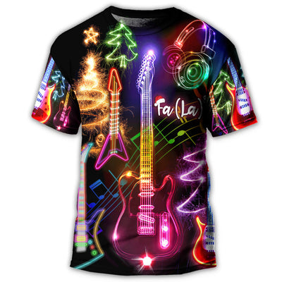 S Christmas Guitar Tree Happy Glow Light Style - Round Neck T-shirt - Owls Matrix LTD