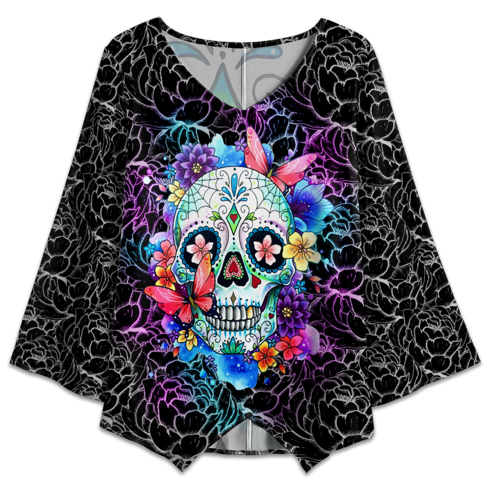 S Sugar Skull Flower Pattern - V-neck T-shirt - Owls Matrix LTD