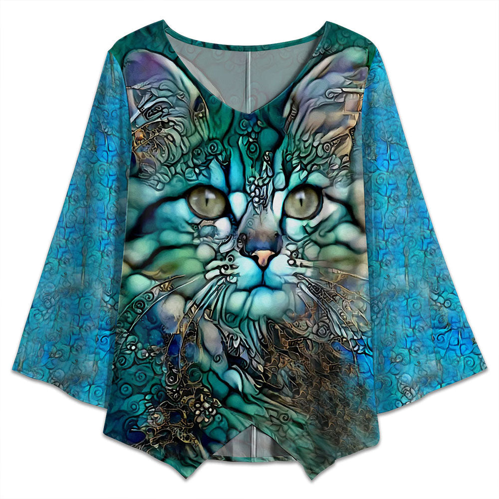 S Cat Glass Art Style - V-neck T-shirt - Owls Matrix LTD