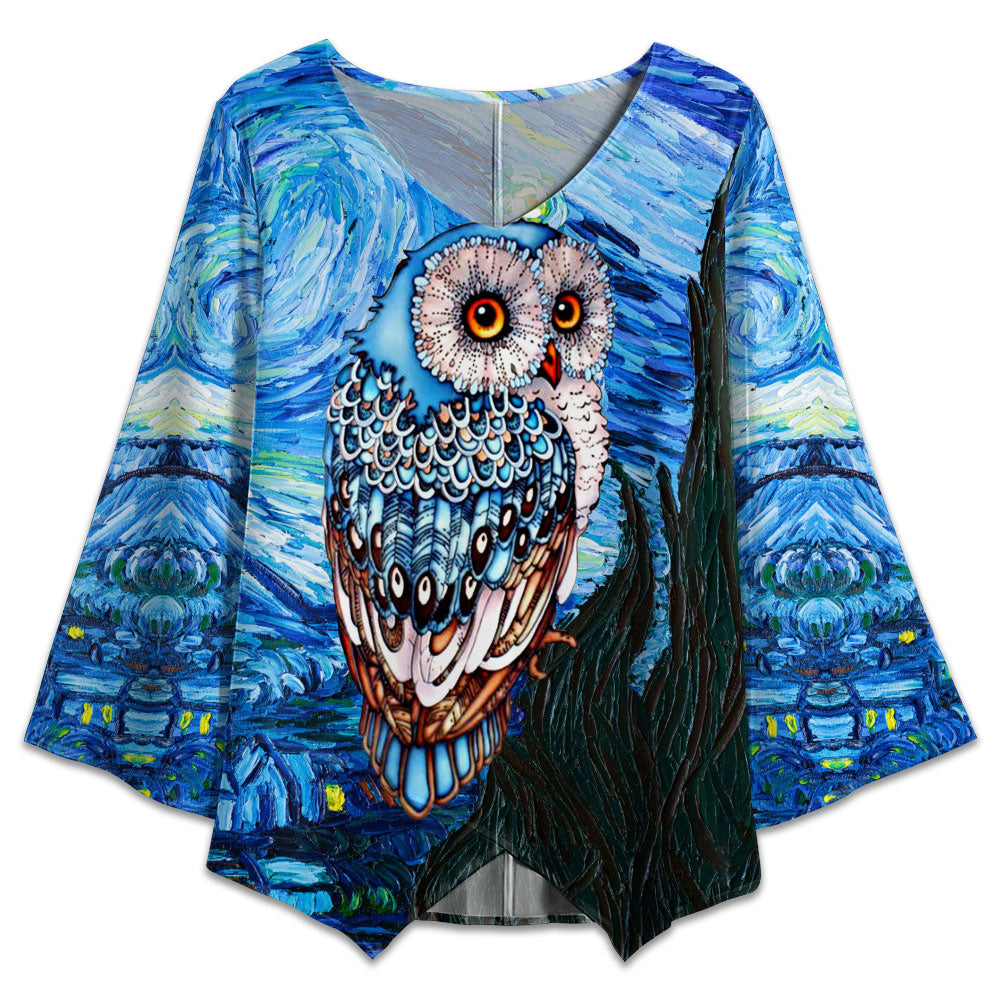 S Owl Starry Night Art - V-neck T-shirt - Owls Matrix LTD
