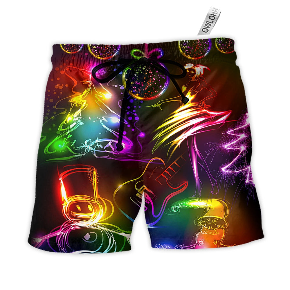 Beach Short / Adults / S Christmas Dancing Santa Claus Tree Snowman Neon Light Style - Beach Short - Owls Matrix LTD