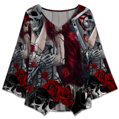 S Skull Love Is Life Rose - V-neck T-shirt - Owls Matrix LTD