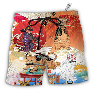 Beach Short / Adults / S Samurai Cat Funny Art Japanese - Beach Short - Owls Matrix LTD