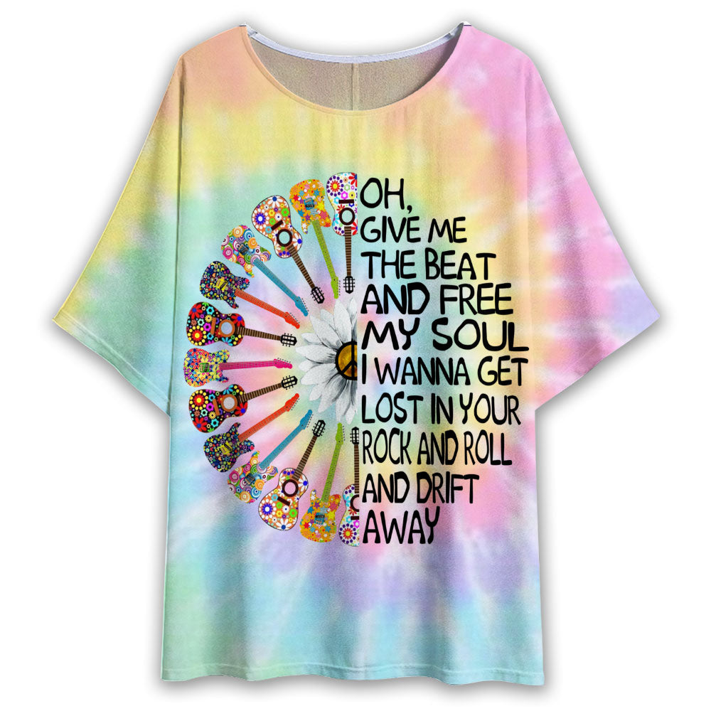 S Hippie Guitar Tie Dye Style - Women's T-shirt With Bat Sleeve - Owls Matrix LTD