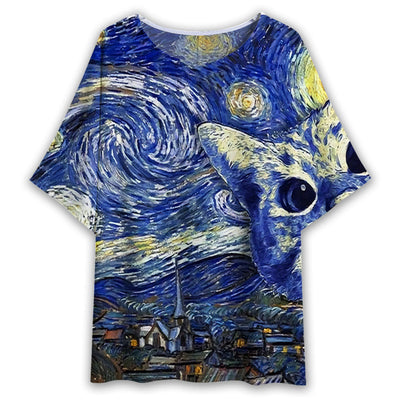 S Cat Starry Night Art - Women's T-shirt With Bat Sleeve - Owls Matrix LTD