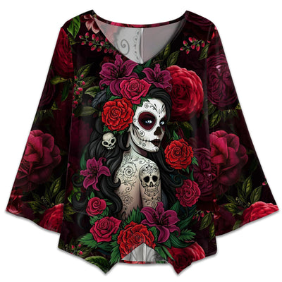 S Sugar Skull Rose Woman Tattoo - V-neck T-shirt - Owls Matrix LTD