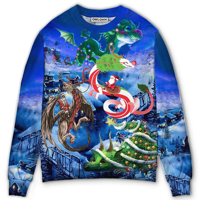 Sweater / S Christmas Santa Riding A Dragon - Sweater - Ugly Christmas Sweaters - Owls Matrix LTD