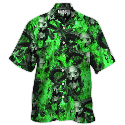 Hawaiian Shirt / Adults / S Skull Green Flame Burn - Hawaiian Shirt - Owls Matrix LTD
