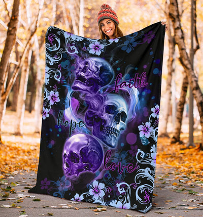 Skull Faith Hope Love Tropical Floral - Flannel Blanket - Owls Matrix LTD