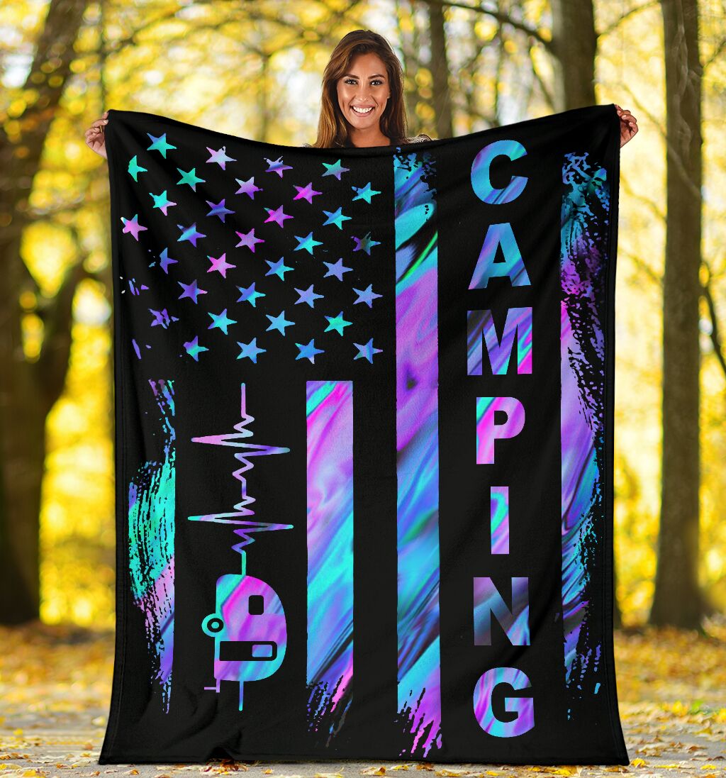 Camping American Flag Camping Simple Style - Flannel Blanket - Owls Matrix LTD