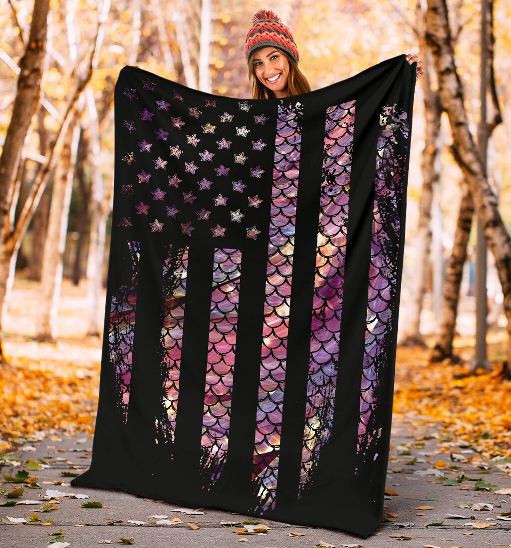 Mermaid Scales US Flag So Cool - Flannel Blanket - Owls Matrix LTD