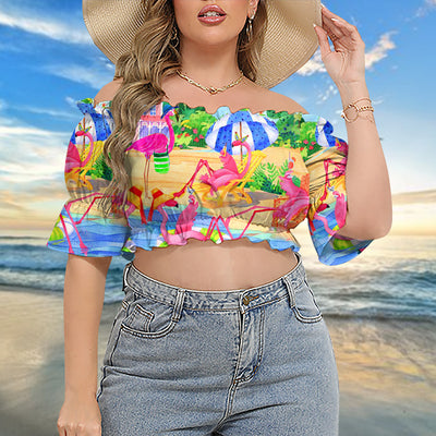 Flamingo Love Beach - Cropped Top With Short Puff Sleeve