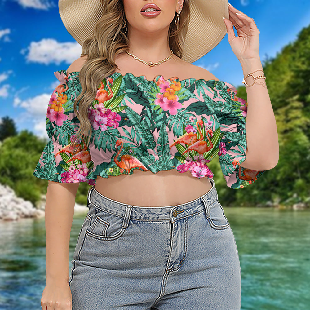 Flamingo Colorful Tropical Leaf Style - Cropped Top With Short Puff Sleeve