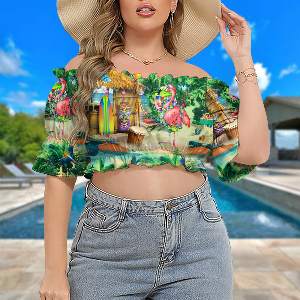 Flamingo Stay Aloha And Live The Hi Life - Cropped Top With Short Puff Sleeve