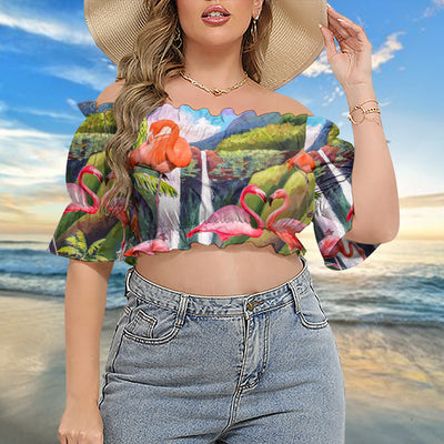 Flamingo Beautiful Landscape - Cropped Top With Short Puff Sleeve