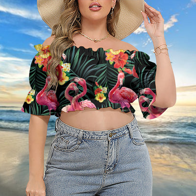 Flamingo Couple Love Flowers - Cropped Top With Short Puff Sleeve
