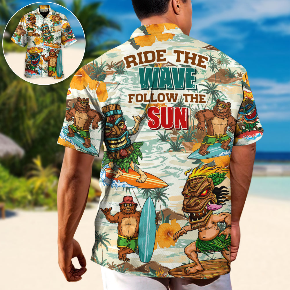 Surfing Funny Bear And Tiki Ride The Wave Follow The Sun Lovers Surfing - Hawaiian Shirt