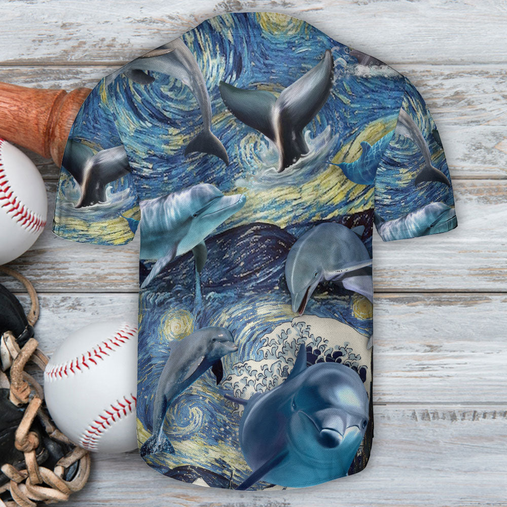 Dolphin And The Moon Art Starry Night - Baseball Jersey - Owls Matrix LTD