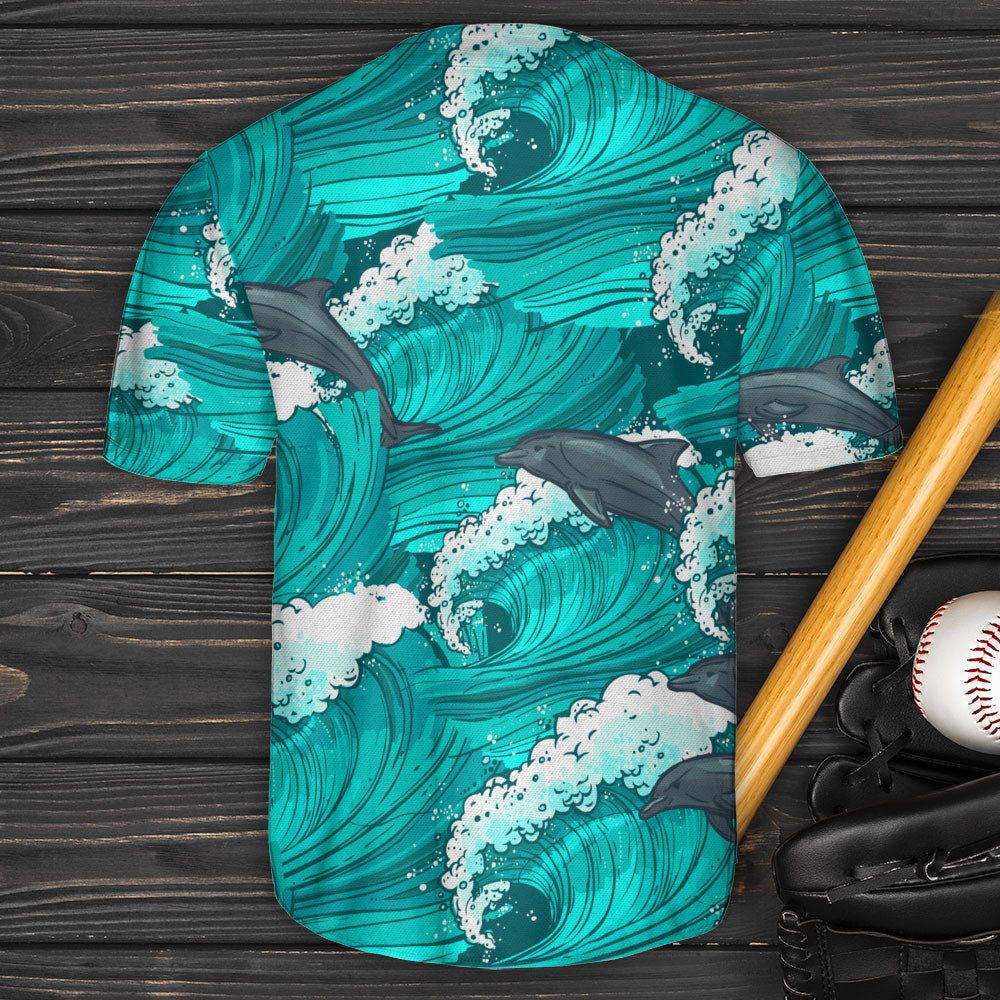 Dolphin With Wave Art Style - Baseball Jersey - Owls Matrix LTD