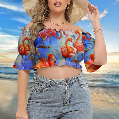 Flamingo Fly To Hawaii - Cropped Top With Short Puff Sleeve
