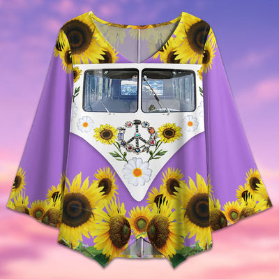 Hippie Peace Purple Bus With Sunflowers - V-neck T-shirt - Owls Matrix LTD