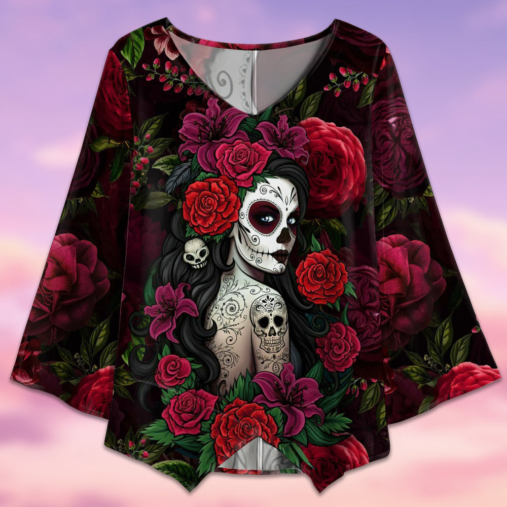 Sugar Skull Rose Woman Tattoo - V-neck T-shirt - Owls Matrix LTD