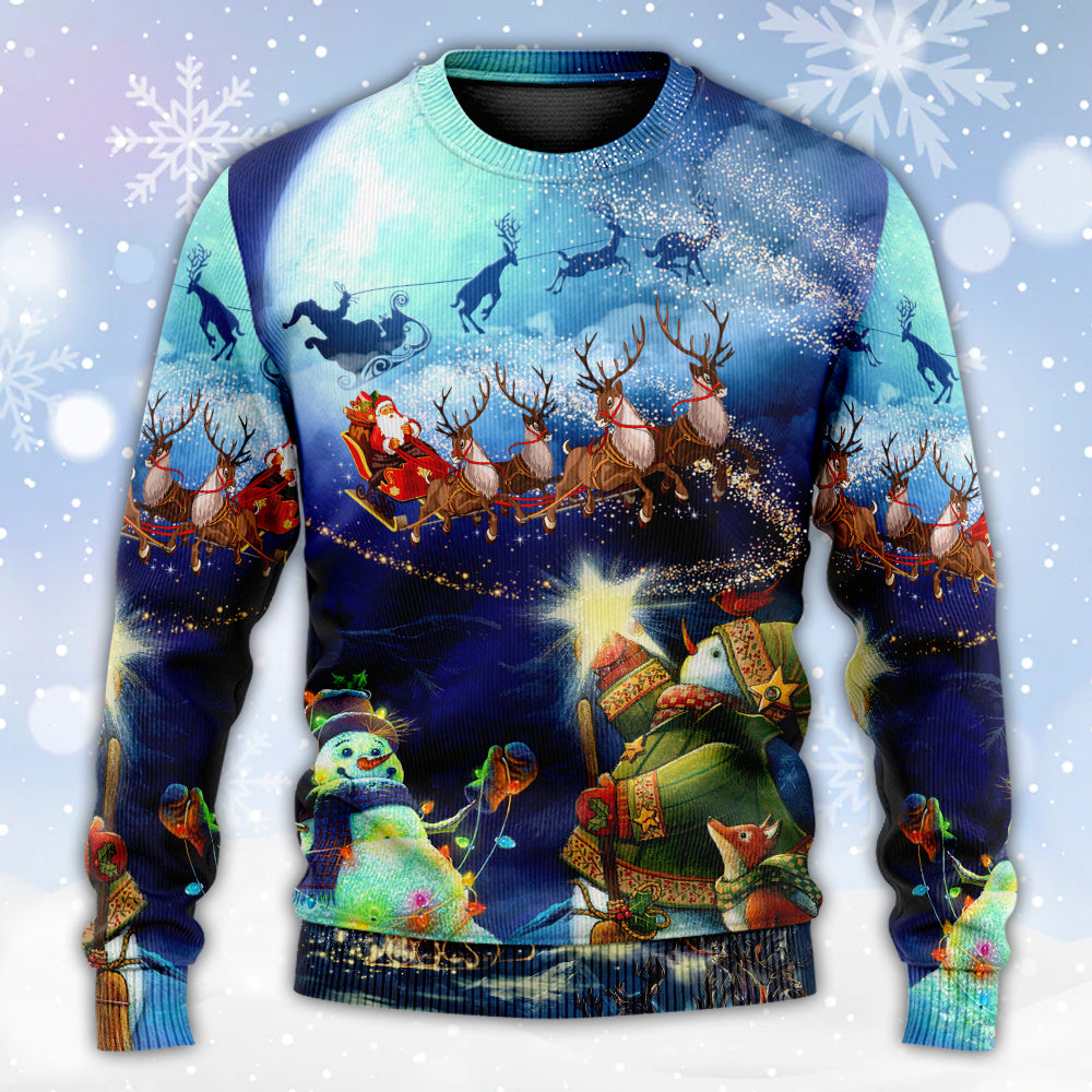 Christmas Rudolph Santa Claus Reindeer Snowman Light Art Style - Sweater - Ugly Christmas Sweaters - Owls Matrix LTD