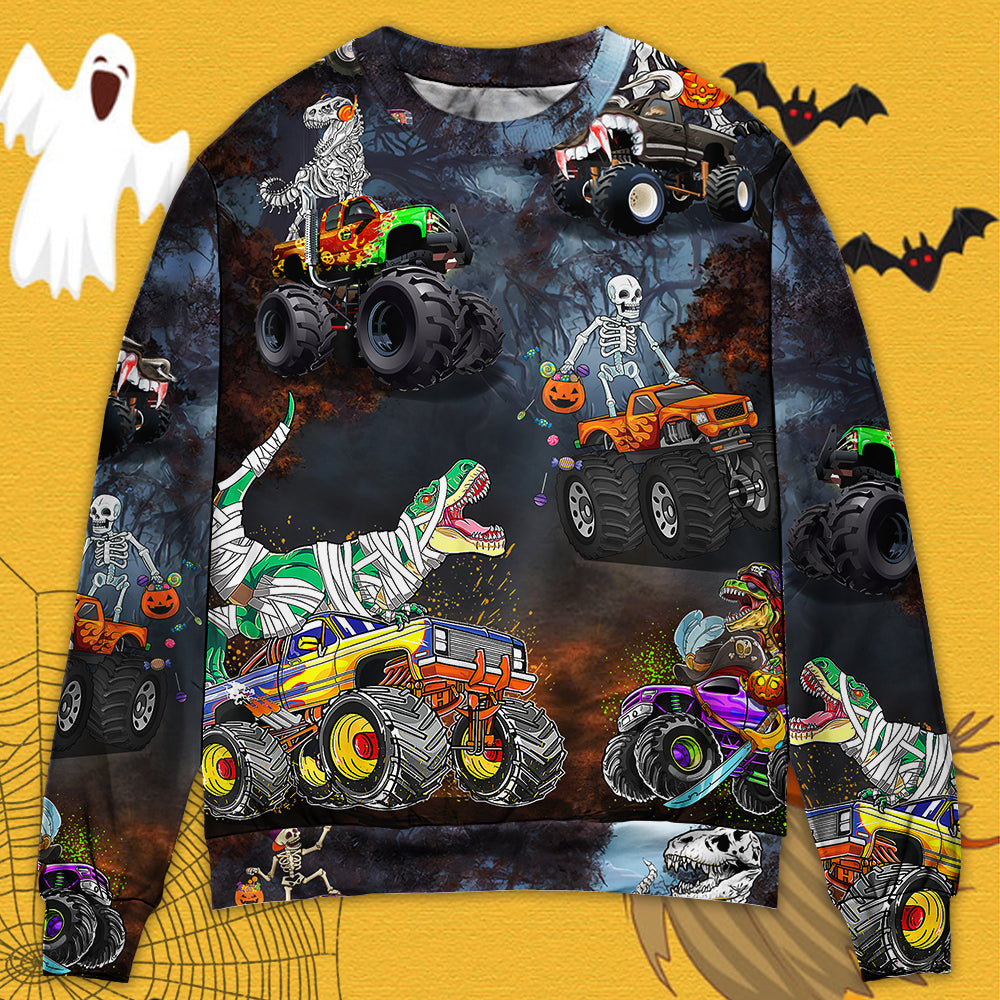 Halloween Skeleton Dinosaur Driving Monster Truck - Sweater - Ugly Christmas Sweaters - Owls Matrix LTD
