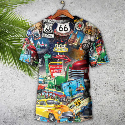 Car Route 66 Road Trip Puzzle - Round Neck T-shirt - Owls Matrix LTD