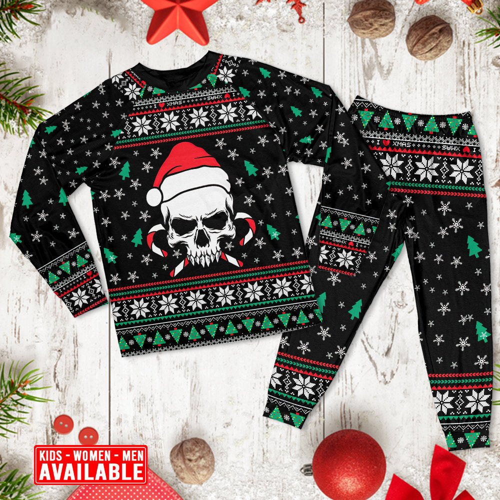 Christmas Skull Wearing Santa Claus Hat And Sweat Candy - Pajamas Long Sleeve - Owls Matrix LTD