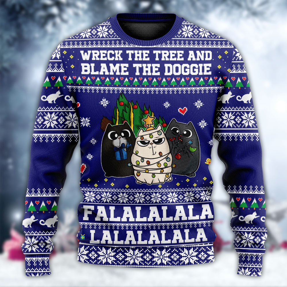 Cat Wreck The Tree Meowy Christmas Style - Sweater - Ugly Christmas Sweaters - Owls Matrix LTD
