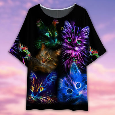 Cat Neon Cats Style - Women's T-shirt With Bat Sleeve - Owls Matrix LTD