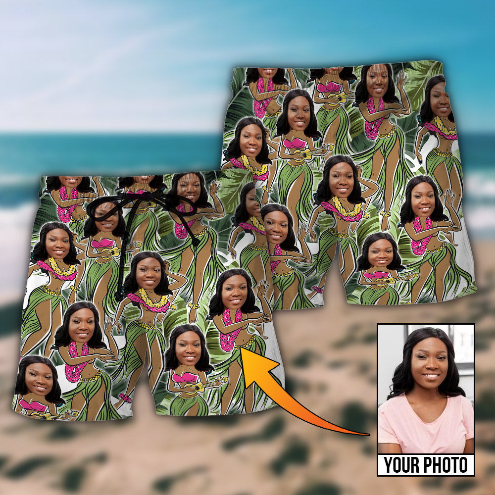 Black Woman Face Amazing Tropical Leaves Custom Photo - Beach Short - Owls Matrix LTD